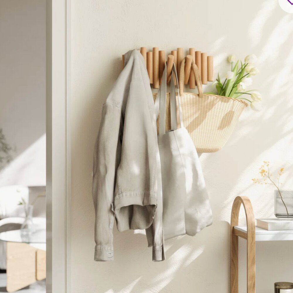 Umbra 5 Hooks, Wall-Mounted Rail, Doubles as Art, Beveled Pine Wood